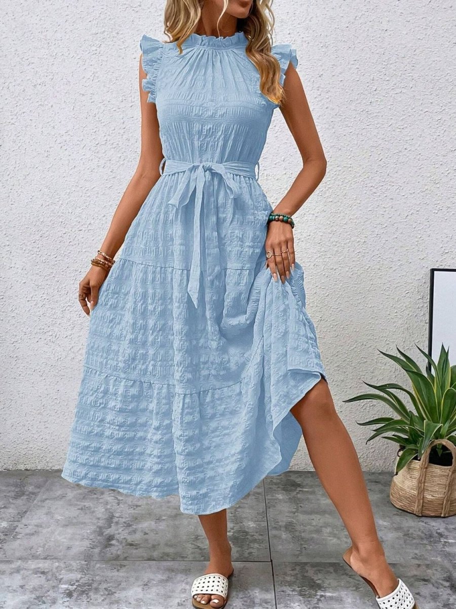 Tied Ruffled Cap Sleeve Midi Dress - AMVIM