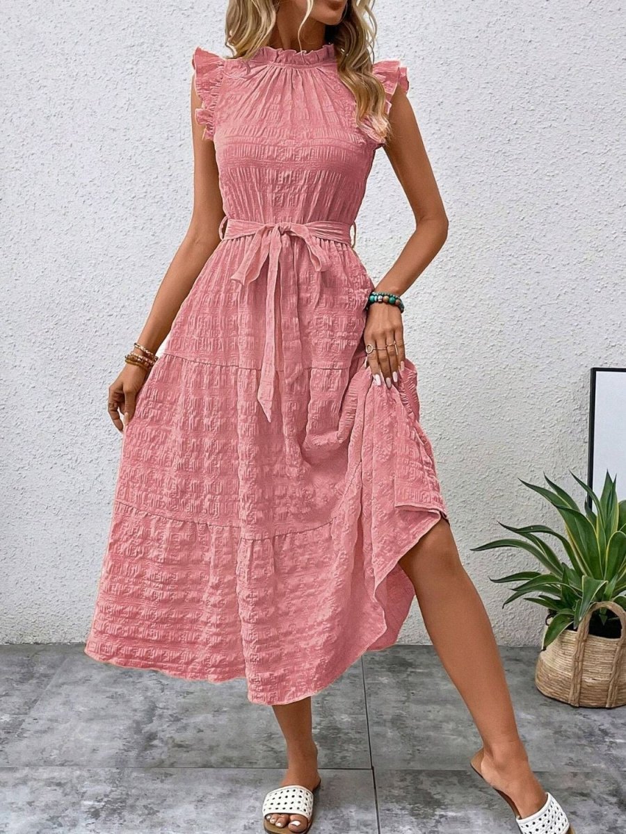 Tied Ruffled Cap Sleeve Midi Dress - AMVIM