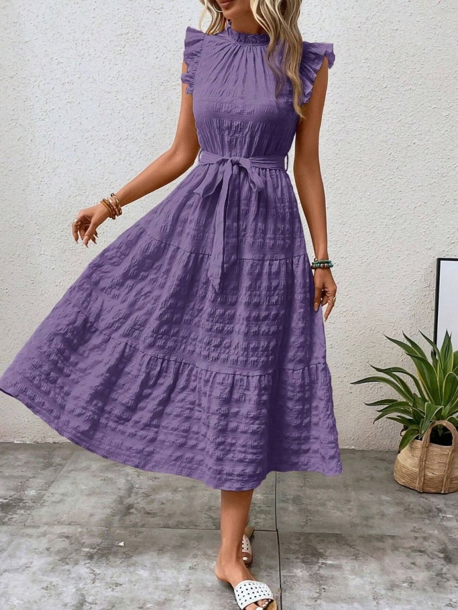 Tied Ruffled Cap Sleeve Midi Dress - AMVIM