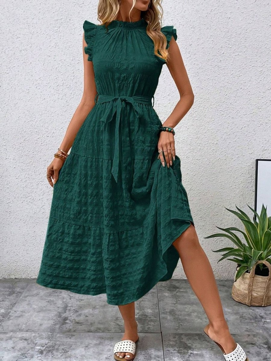 Tied Ruffled Cap Sleeve Midi Dress - AMVIM