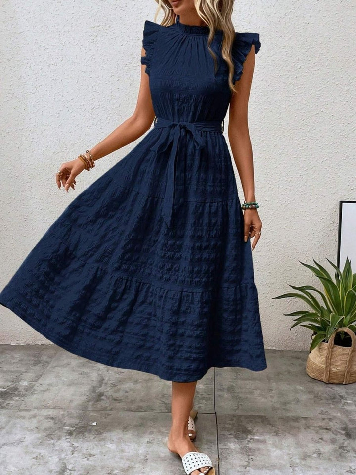 Tied Ruffled Cap Sleeve Midi Dress - AMVIM