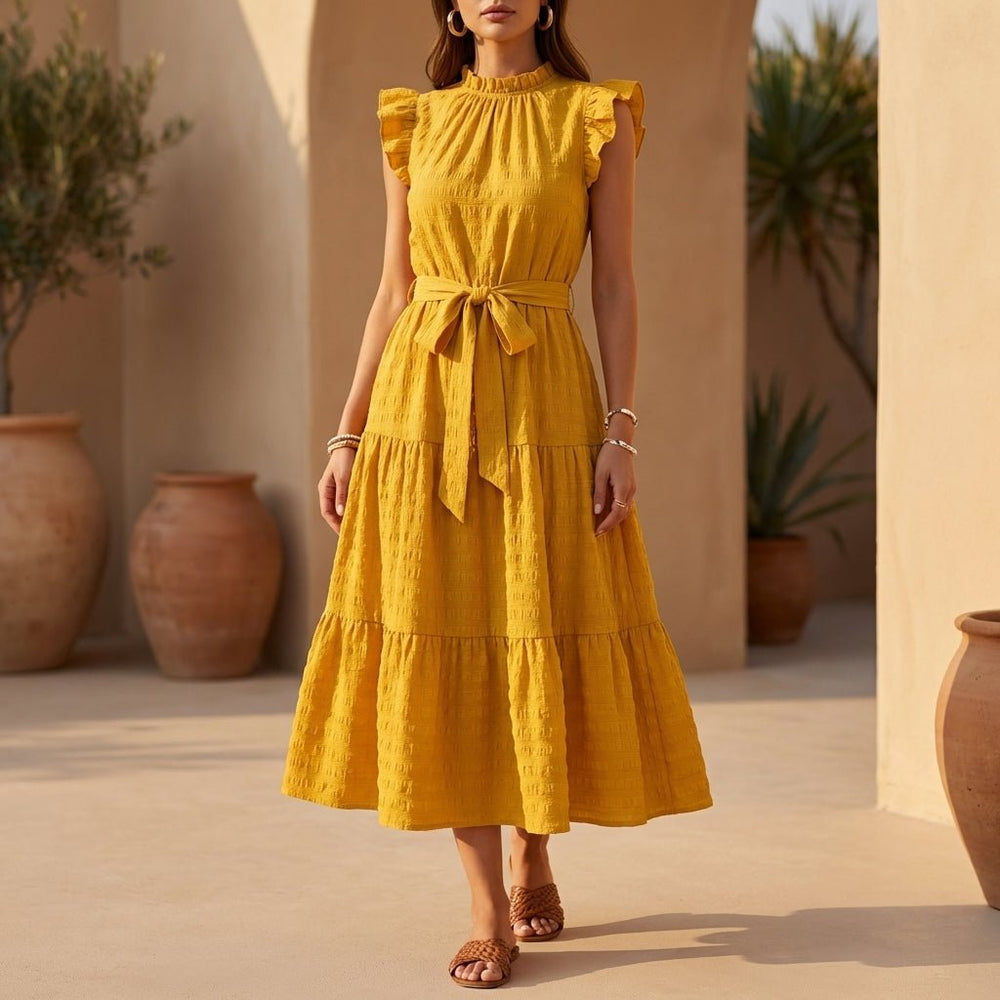 Tied Ruffled Cap Sleeve Midi Dress - AMVIM