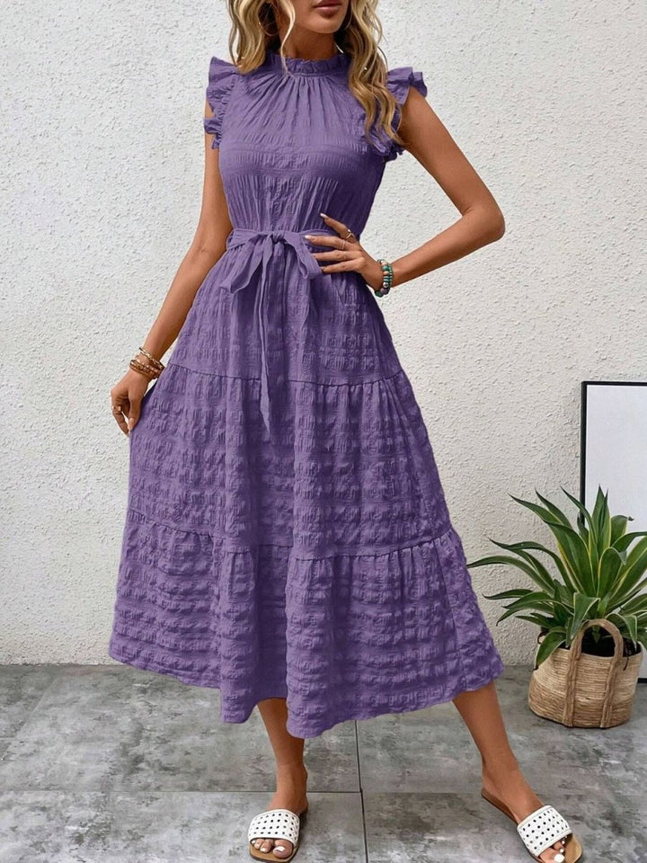 Tied Ruffled Cap Sleeve Midi Dress - AMVIM