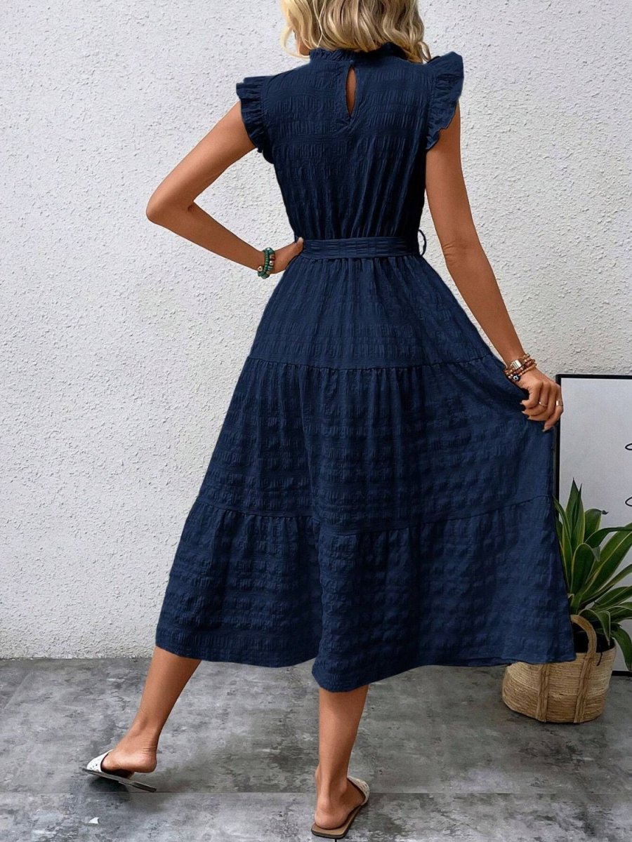 Tied Ruffled Cap Sleeve Midi Dress - AMVIM