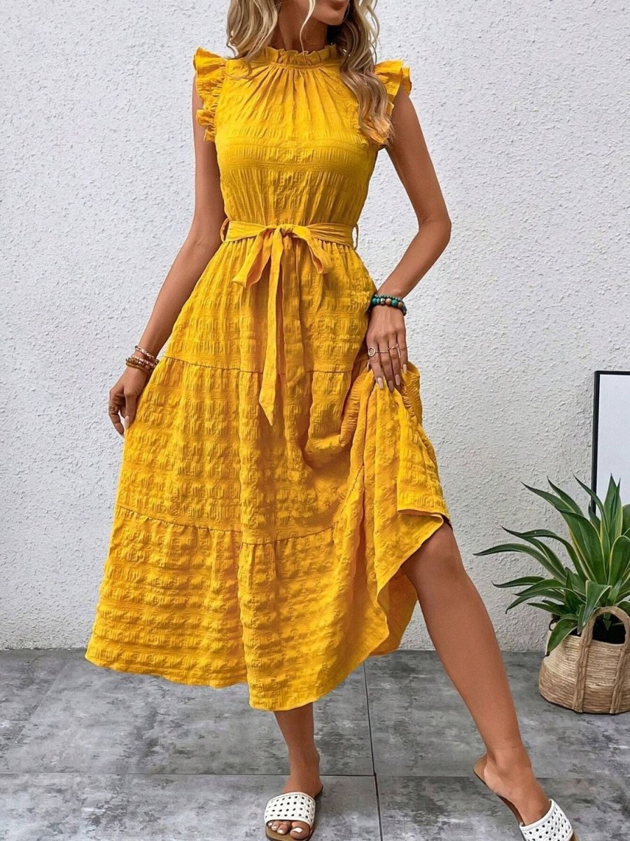 Tied Ruffled Cap Sleeve Midi Dress - AMVIM