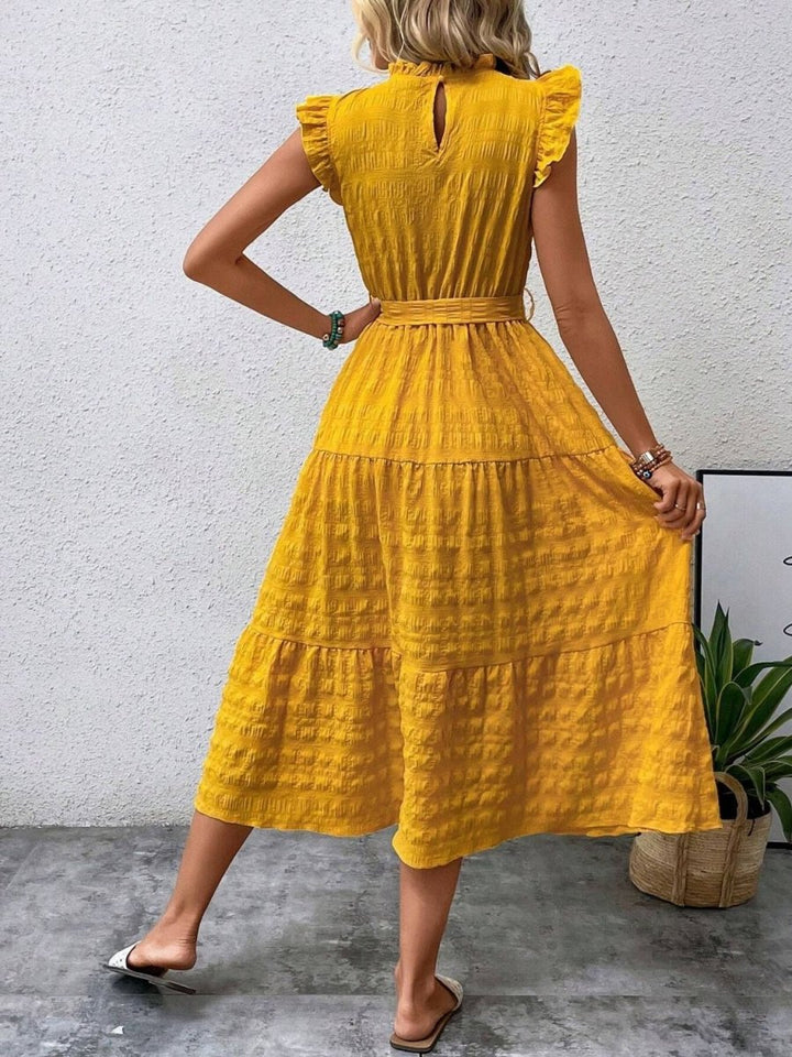 Tied Ruffled Cap Sleeve Midi Dress - AMVIM