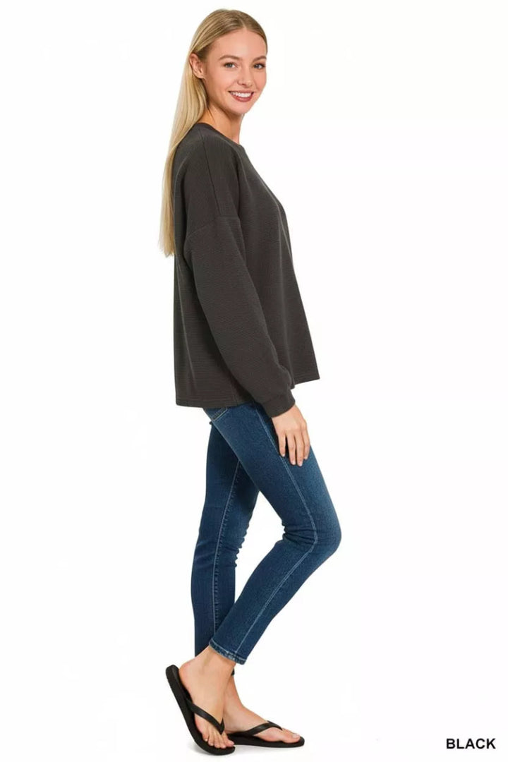 Top Black Double Knit Round Neck Long Sleeve Fabric - AMVIM