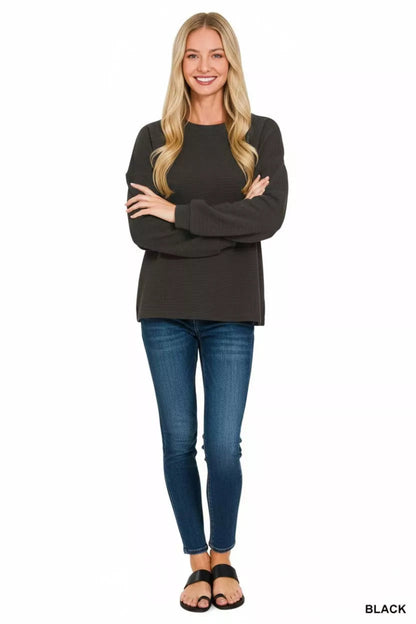 Top Black Double Knit Round Neck Long Sleeve Fabric - AMVIM