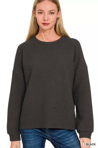 Top Black Double Knit Round Neck Long Sleeve Fabric - AMVIM