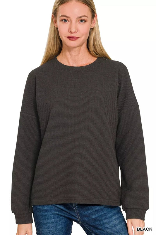Top Black Double Knit Round Neck Long Sleeve Fabric - AMVIM