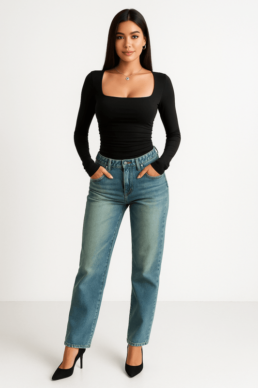 Top Black Polyester‑Elastane Slim Square‑Neck Top - AMVIM