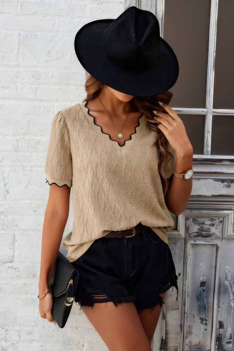 Top knit drop shoulder V neck lightweight casual pullover - AMVIM