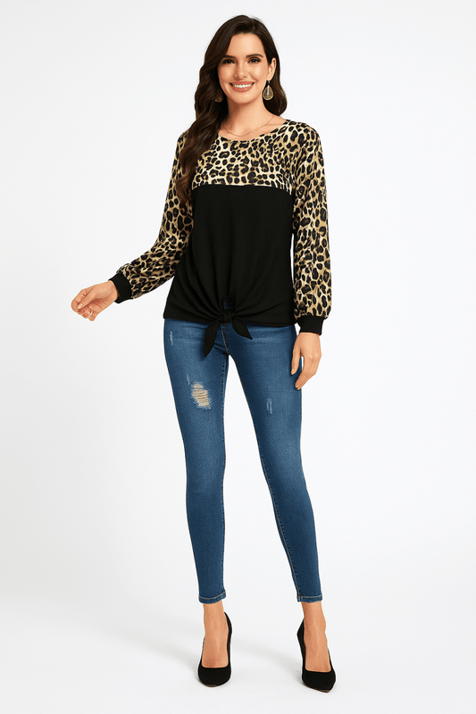 Top Leopard Stitching Knit Loose Pullover With Bow - AMVIM