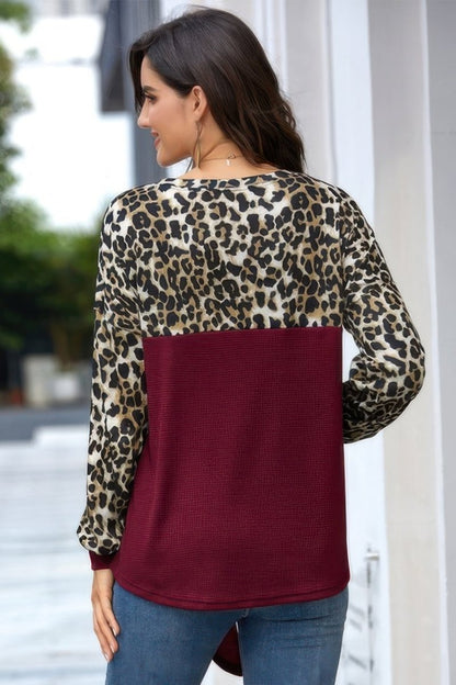 Top Leopard Stitching Knit Loose Pullover With Bow - AMVIM