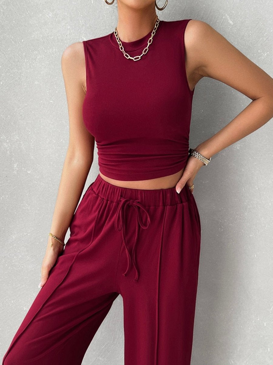 Top Mock Neck Sleeveless and Drawstring Pants Set - AMVIM