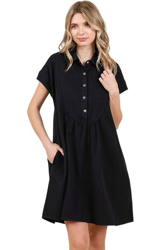 Twill Short Sleeve Collared Mini Dress – Cotton Structure Fit - AMVIM