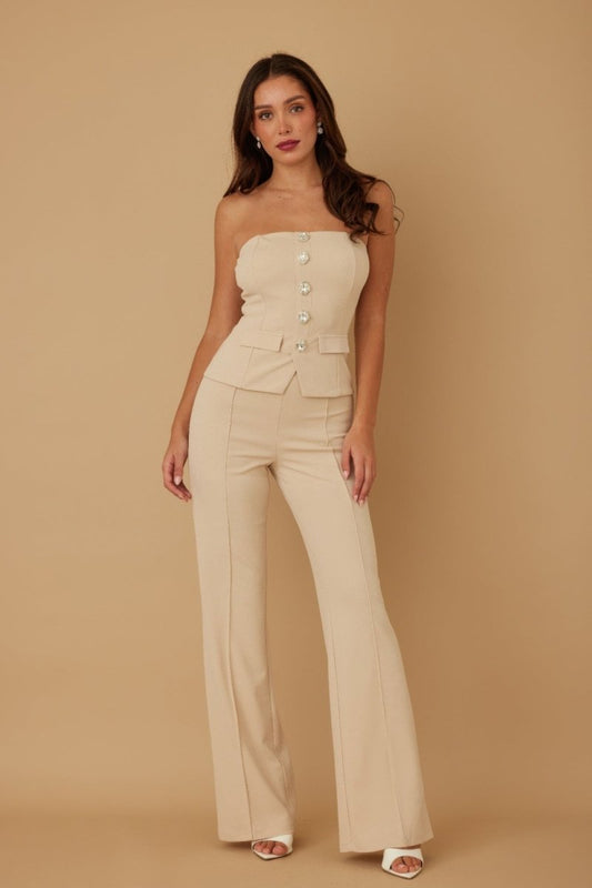 Two - Piece Beige Crystal Embellished Tailored Set - AMVIM