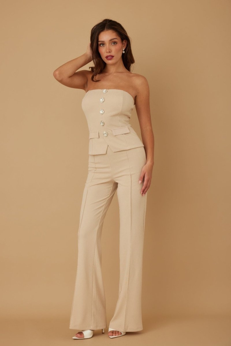 Two - Piece Beige Crystal Embellished Tailored Set - AMVIM | SKU: 59553b.M