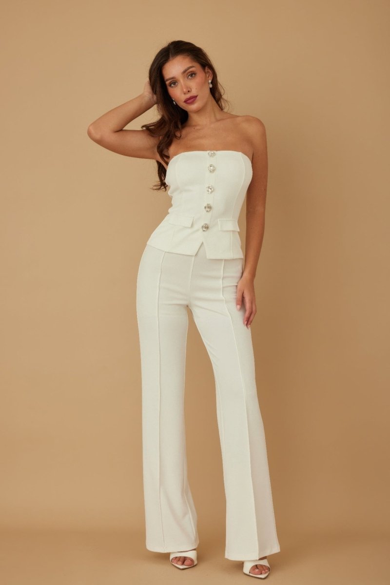 Two - Piece Beige Crystal Embellished Tailored Set - AMVIM