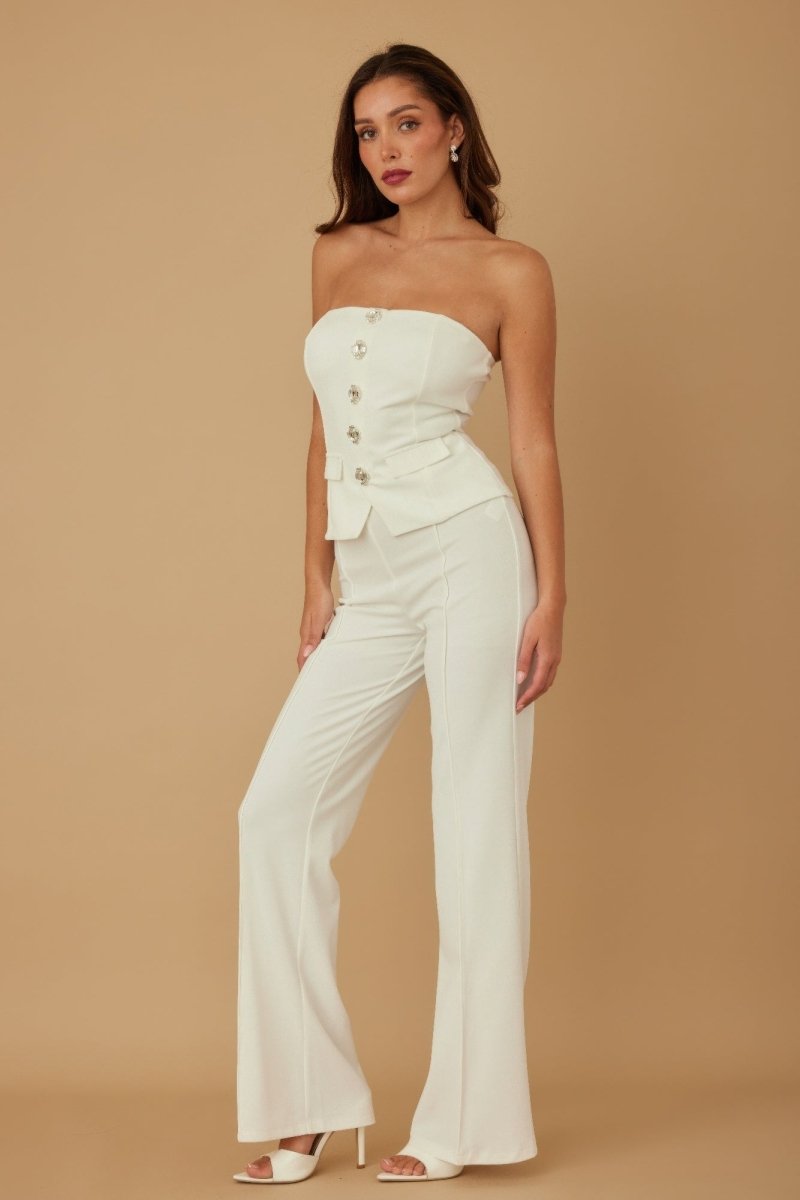 Two - Piece Beige Crystal Embellished Tailored Set - AMVIM | SKU: 59553b.M