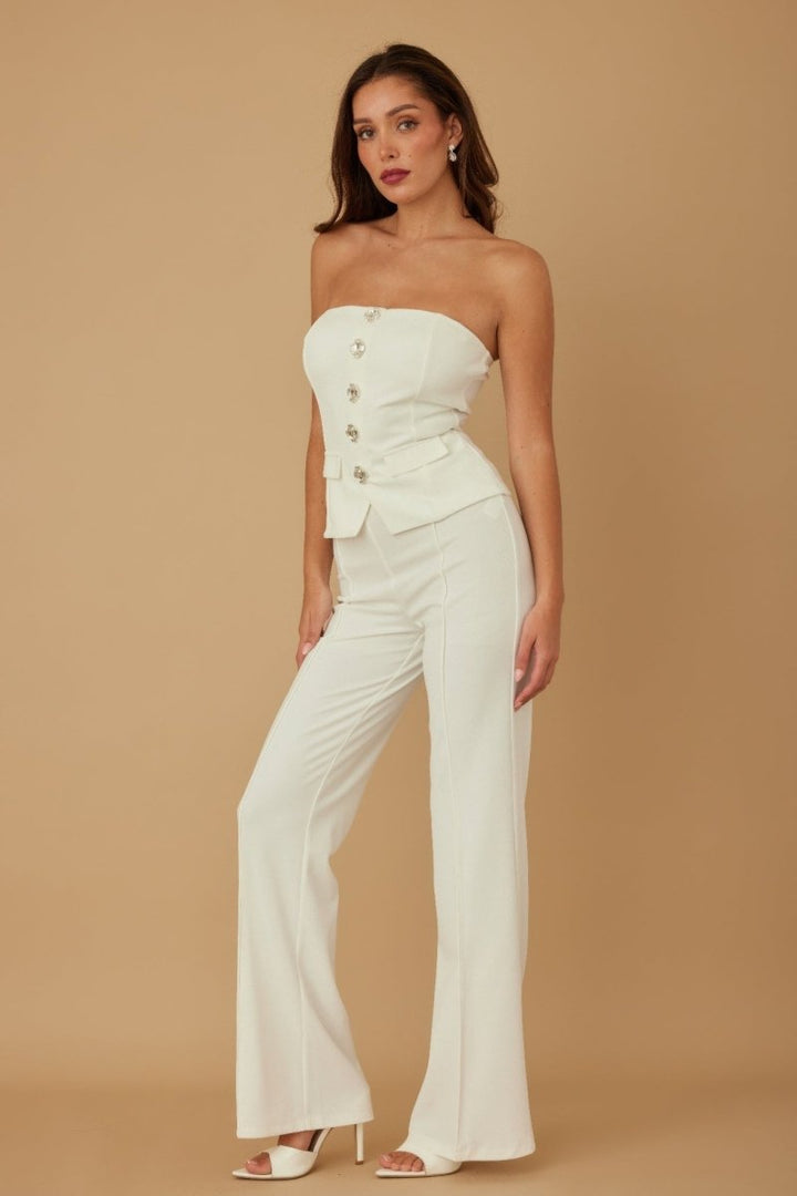 Two - Piece Beige Crystal Embellished Tailored Set - AMVIM | SKU: 59553b.M