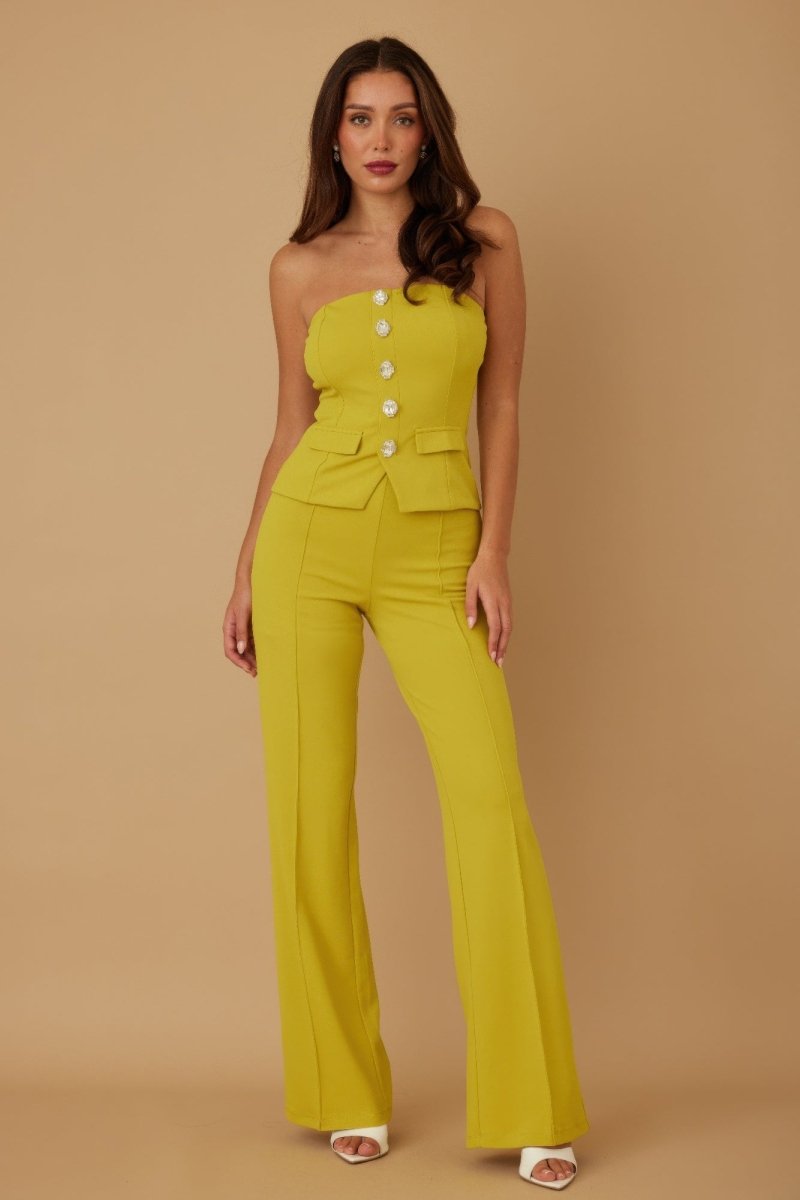 Two - Piece Beige Crystal Embellished Tailored Set - AMVIM | SKU: 59553b.M