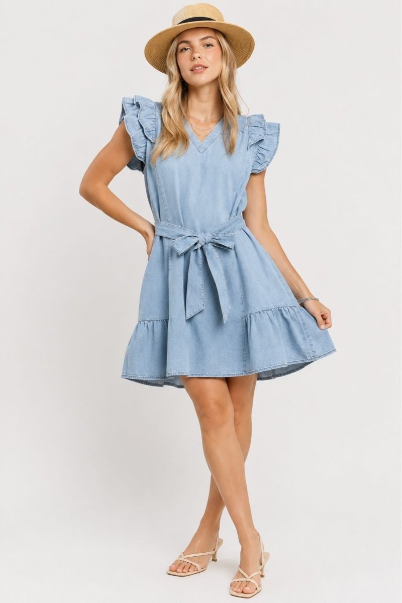 Umgee Chambray Ruffled Denim Dress with Side Pockets - AMVIM