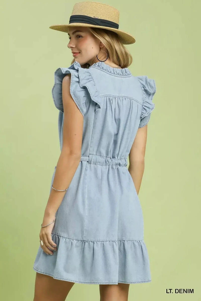 Umgee Chambray Ruffled Denim Dress with Side Pockets - AMVIM
