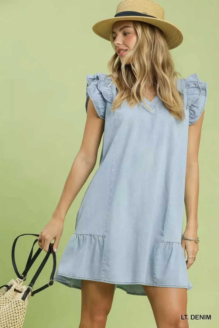 Umgee Chambray Ruffled Denim Dress with Side Pockets - AMVIM