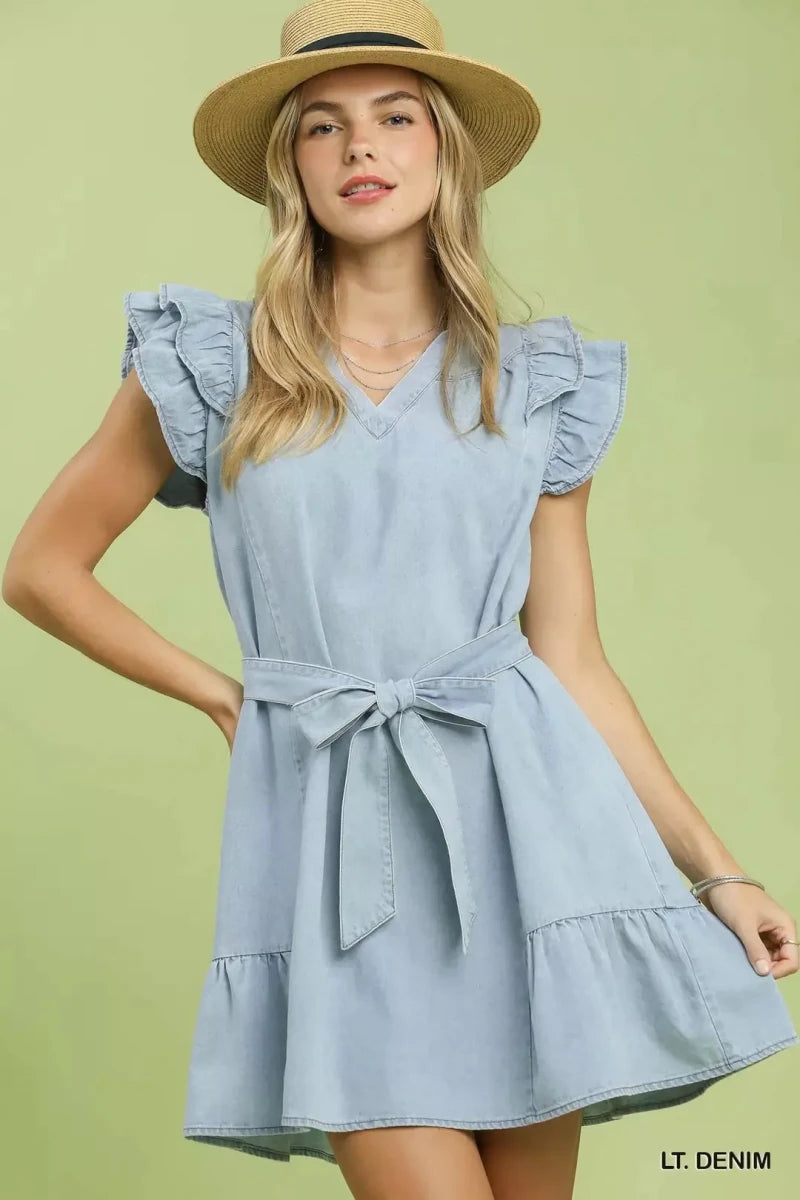 Umgee Chambray Ruffled Denim Dress with Side Pockets - AMVIM