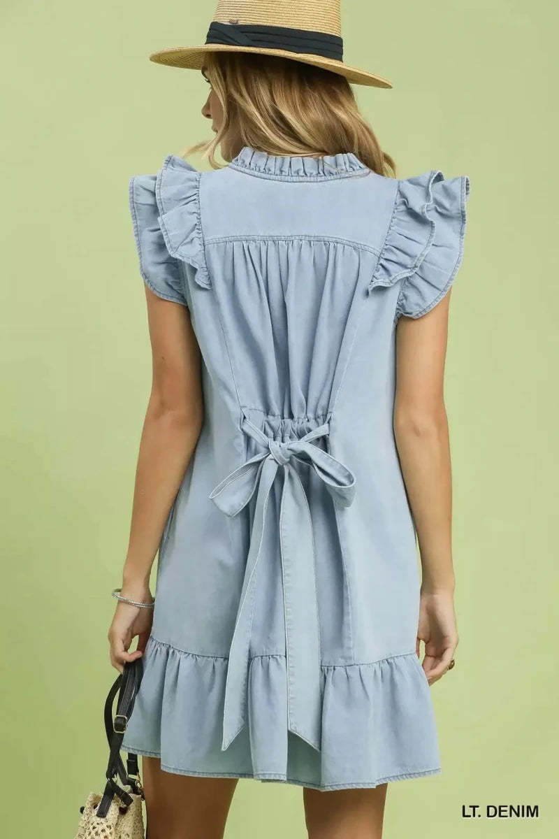 Umgee Chambray Ruffled Denim Dress with Side Pockets - AMVIM