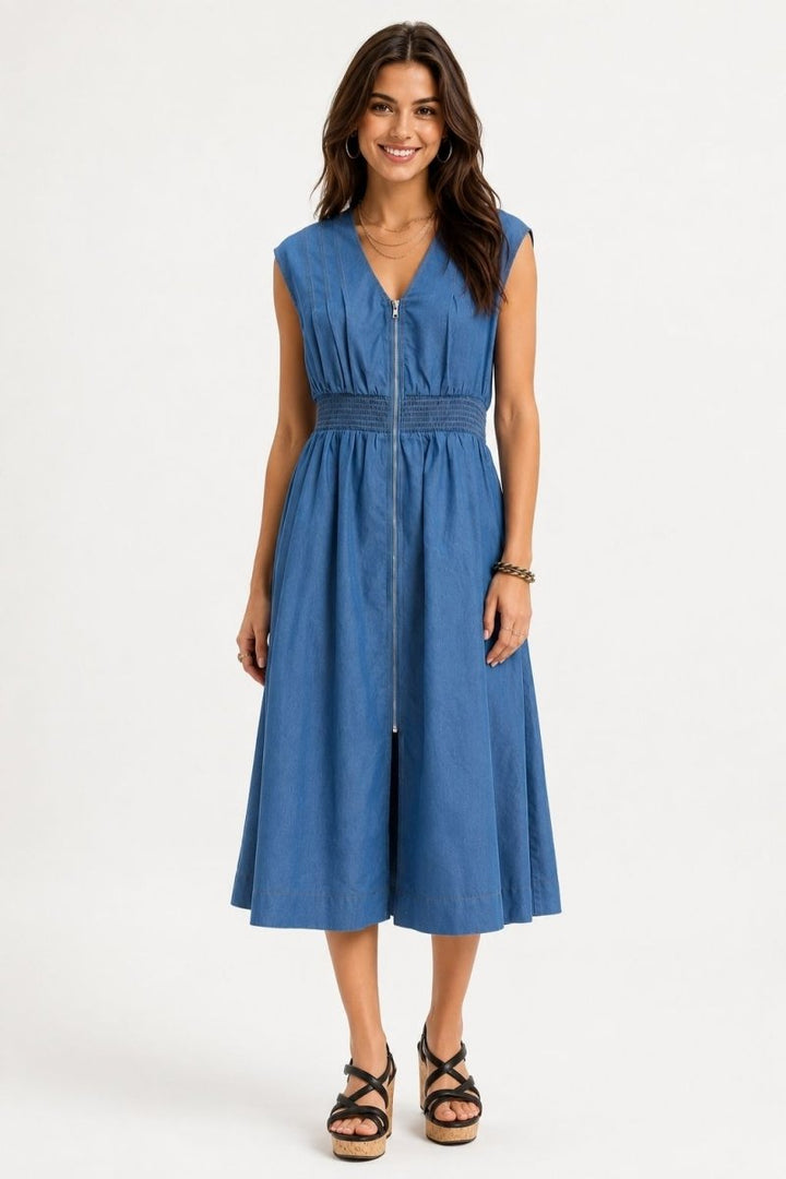 Umgee Denim Sleeveless Zip-Front Smocked Waist Midi Dress - AMVIM