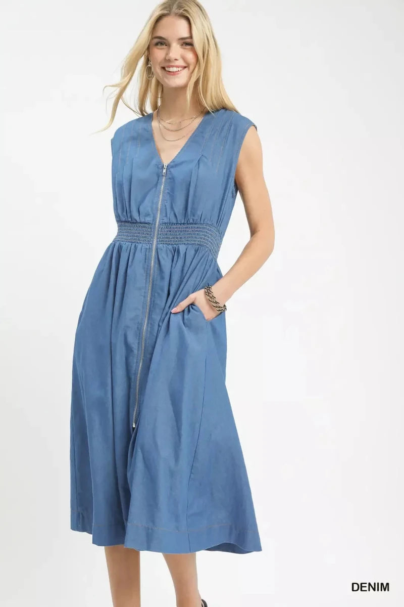 Umgee Denim Sleeveless Zip-Front Smocked Waist Midi Dress - AMVIM