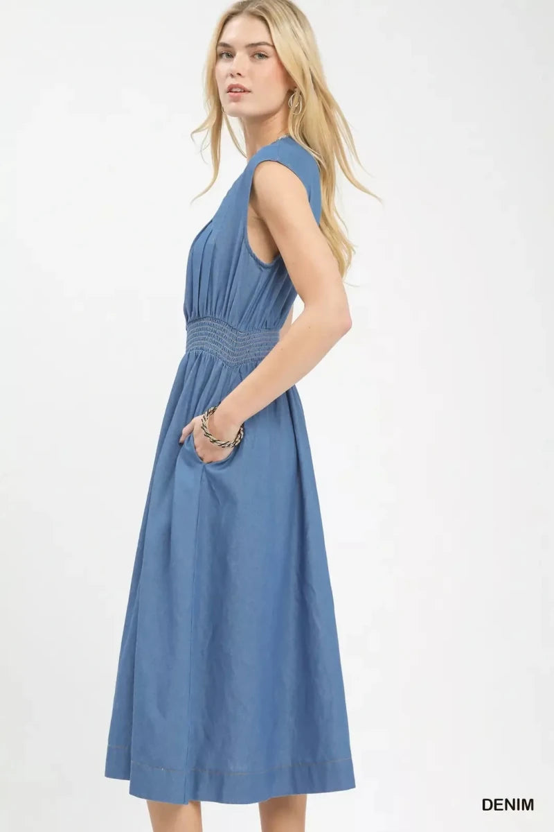 Umgee Denim Sleeveless Zip-Front Smocked Waist Midi Dress - AMVIM