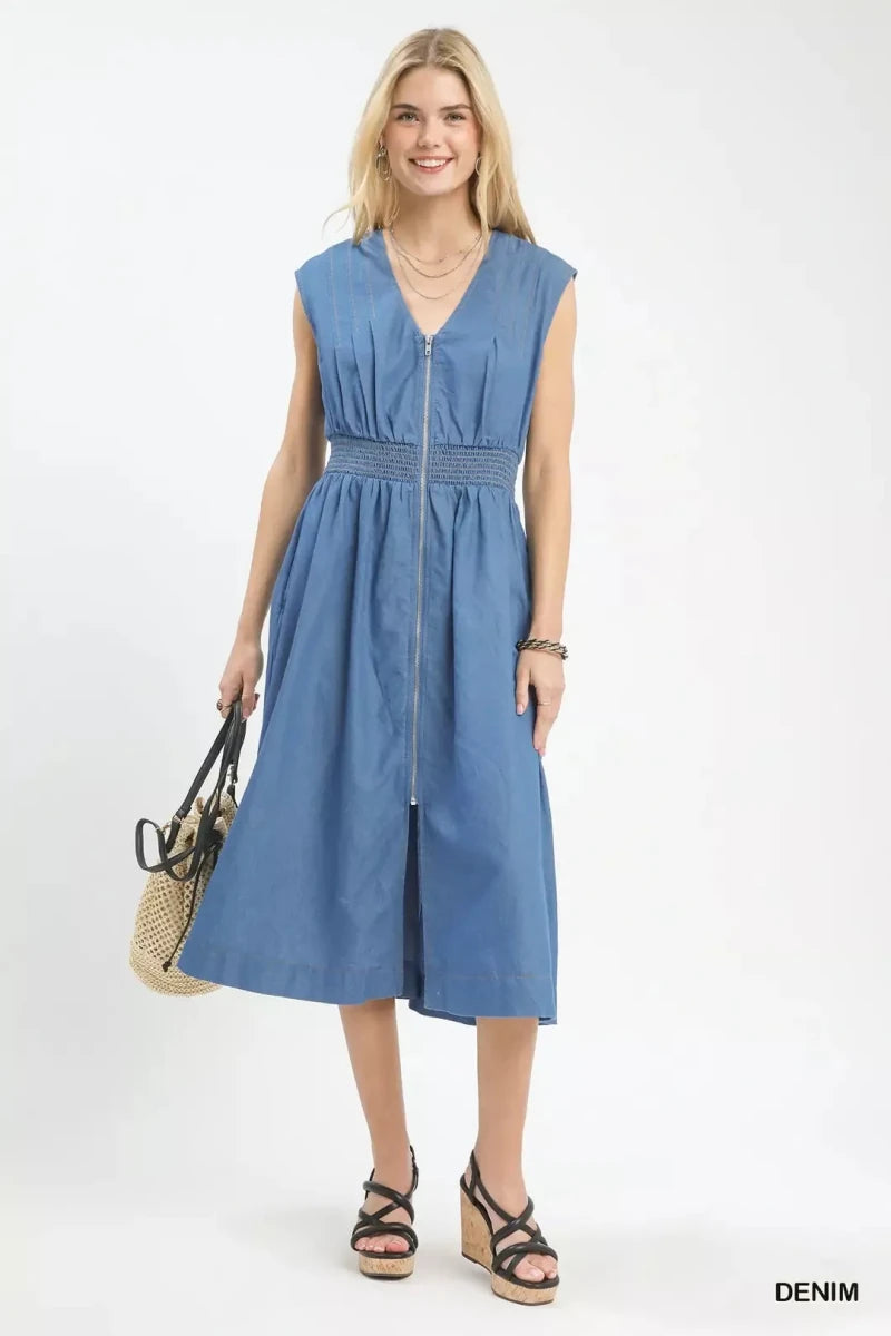 Umgee Denim Sleeveless Zip-Front Smocked Waist Midi Dress - AMVIM