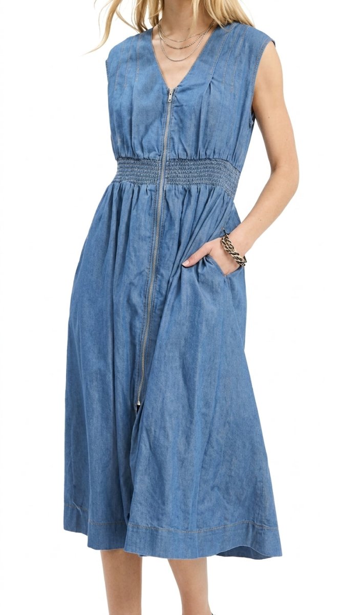 Umgee Denim Sleeveless Zip-Front Smocked Waist Midi Dress - AMVIM