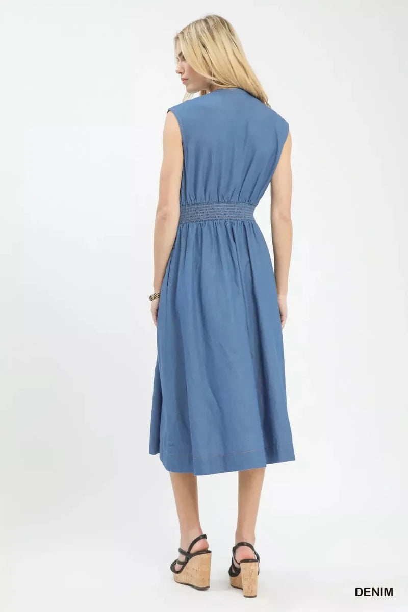 Umgee Denim Sleeveless Zip-Front Smocked Waist Midi Dress - AMVIM