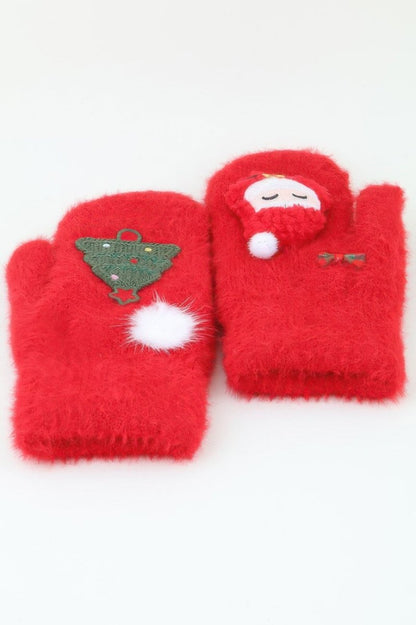 Unisex Cozy Knit Holiday Mitten Gloves with Santa Design - AMVIM