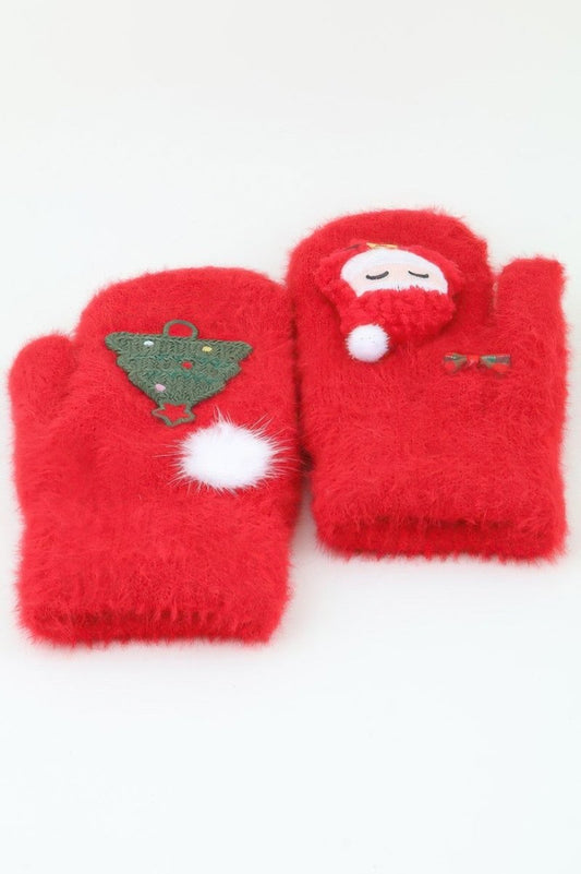 Unisex Cozy Knit Holiday Mitten Gloves with Santa Design - AMVIM