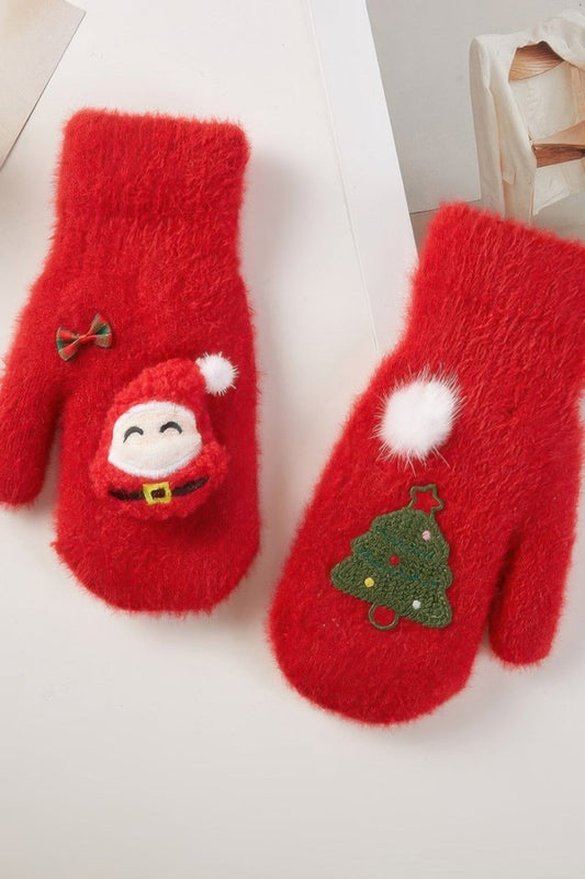 Unisex Cozy Knit Holiday Mitten Gloves with Santa Design - AMVIM