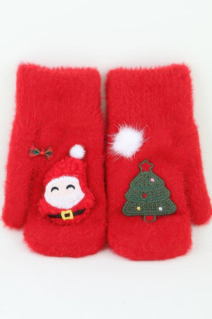Unisex Cozy Knit Holiday Mitten Gloves with Santa Design - AMVIM