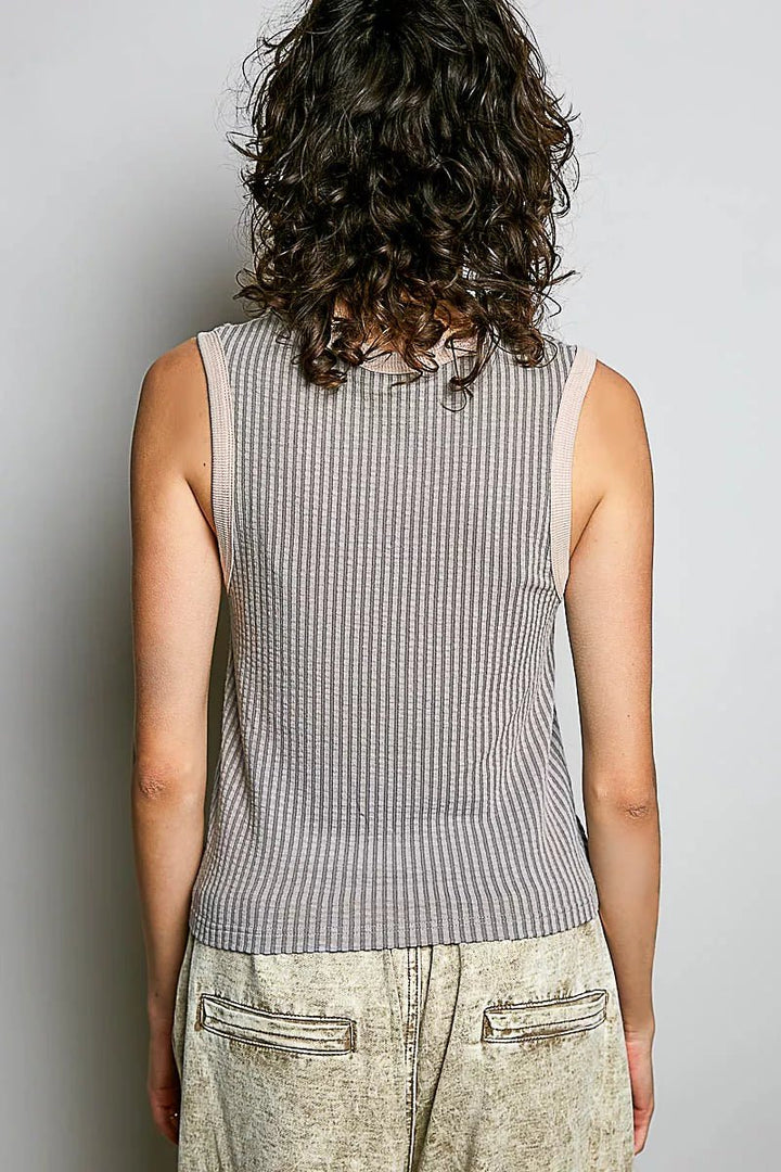 V-Neck Contrast Ribbed Sleeveless Top - AMVIM