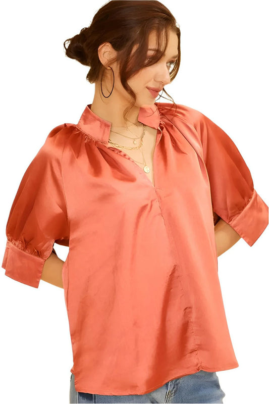 V - Neck Satin Blouse with Balloon Half Sleeves - AMVIM