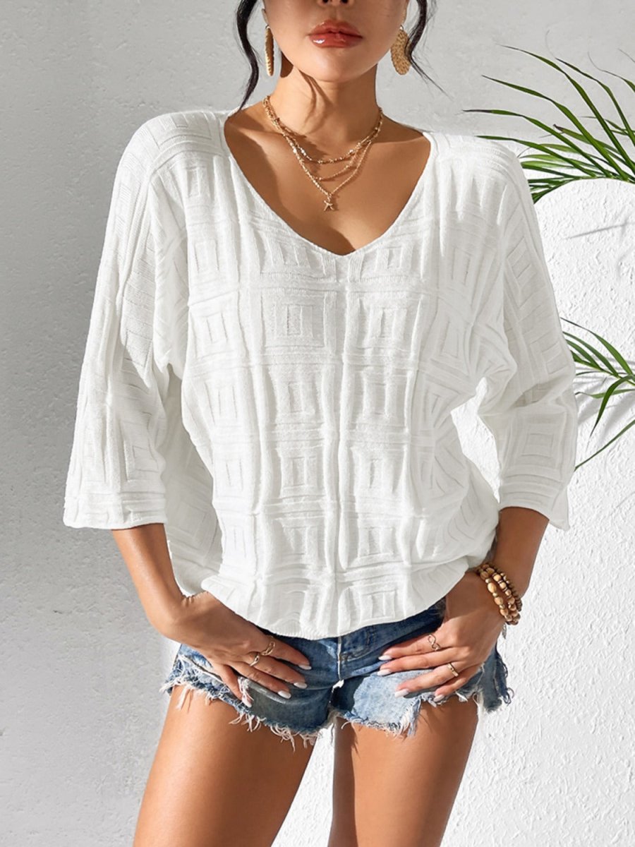 V - Neck Three - Quarter Sleeve Knit Top - AMVIM