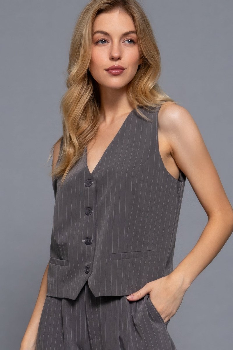 V - neckline Pin Stripe Woven Vest - AMVIM