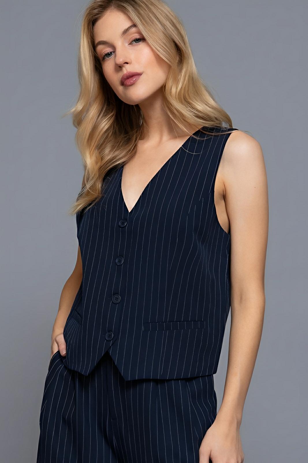 V-neckline Pin Stripe Woven Vest - AMVIM | SKU: 59225b.L