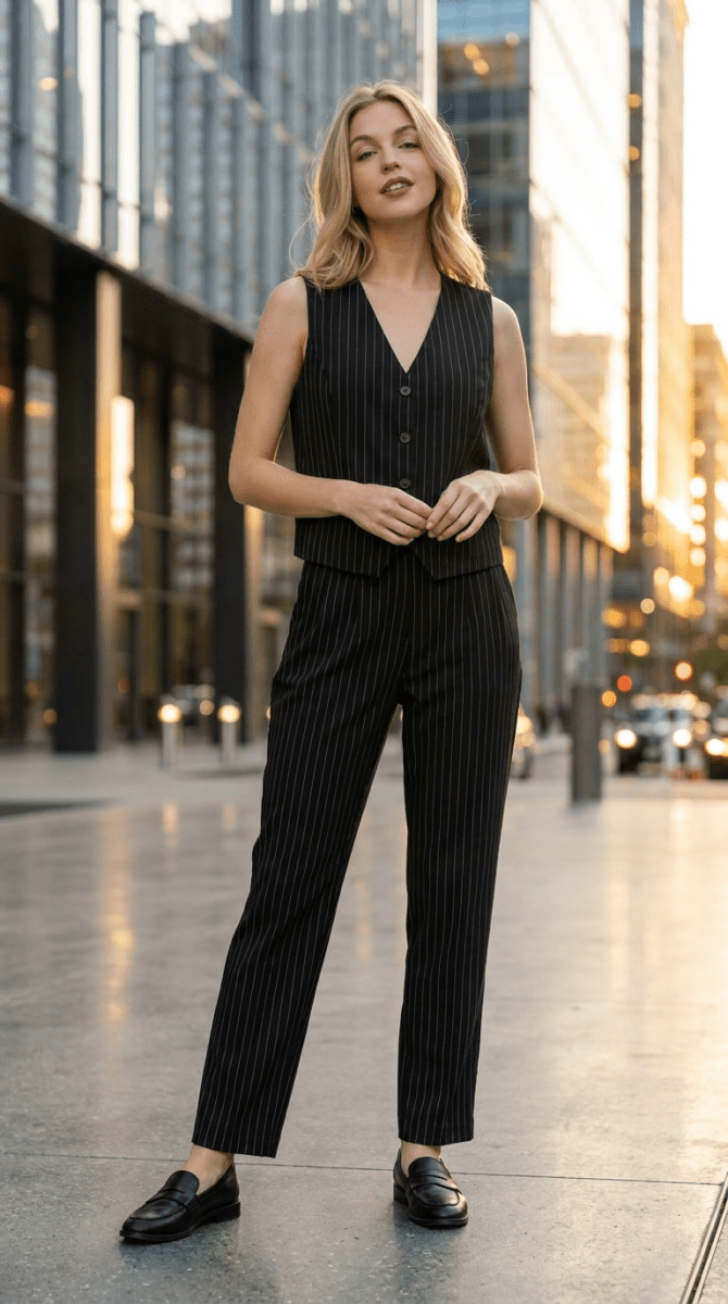 V - neckline Pin Stripe Woven Vest - AMVIM