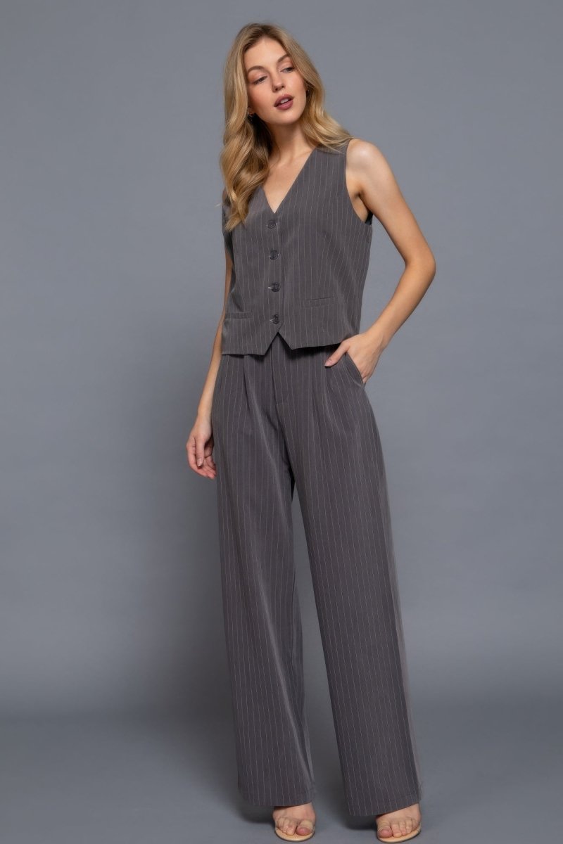 V - neckline Pin Stripe Woven Vest - AMVIM