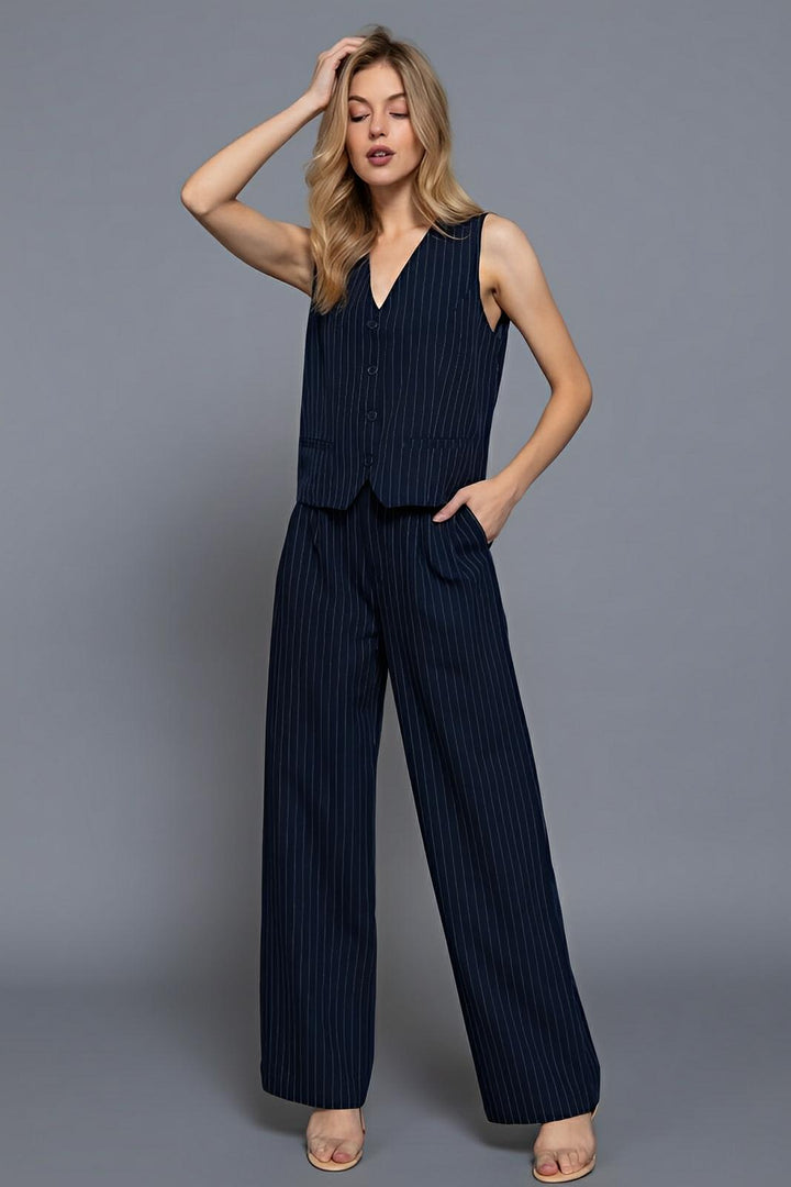 V-neckline Pin Stripe Woven Vest - AMVIM | SKU: 59225b.L