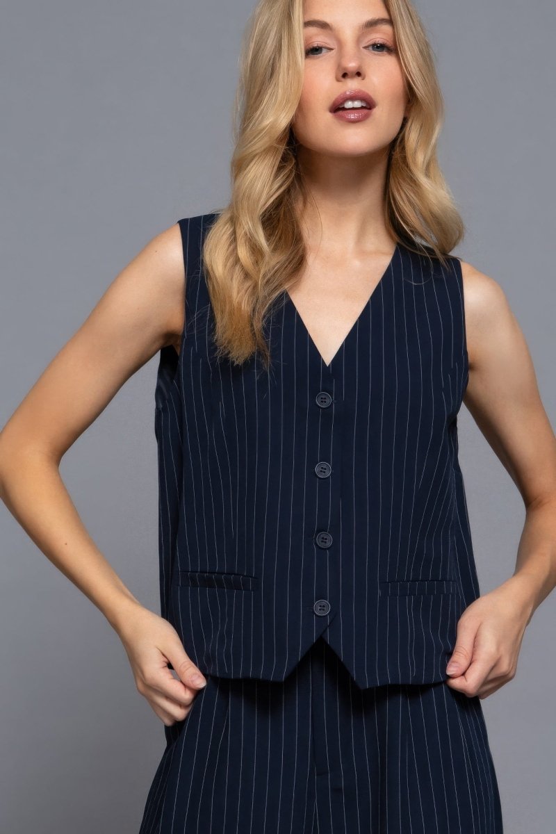 V - neckline Pin Stripe Woven Vest - AMVIM